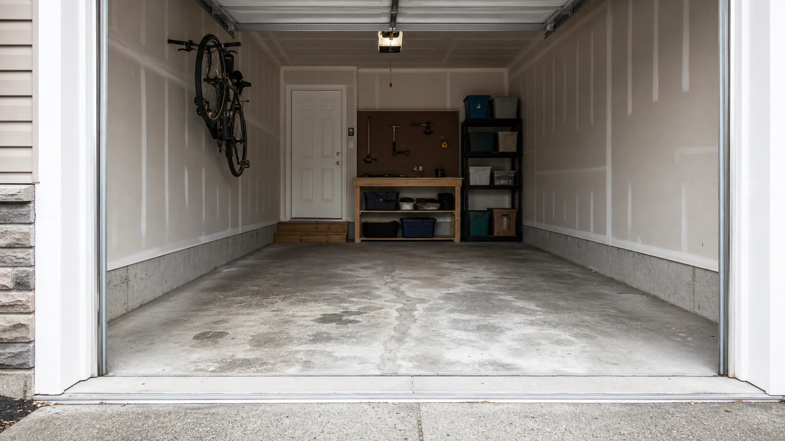 Worn single-car garage concrete design visualization